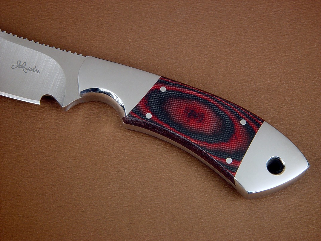 "Acamar" obverse side view in CPMS30V high vanadium stainless tool steel blade, 304 stainless steel bolsters, red-black canvas micarta phenolic handle, black basketweave leather sheath