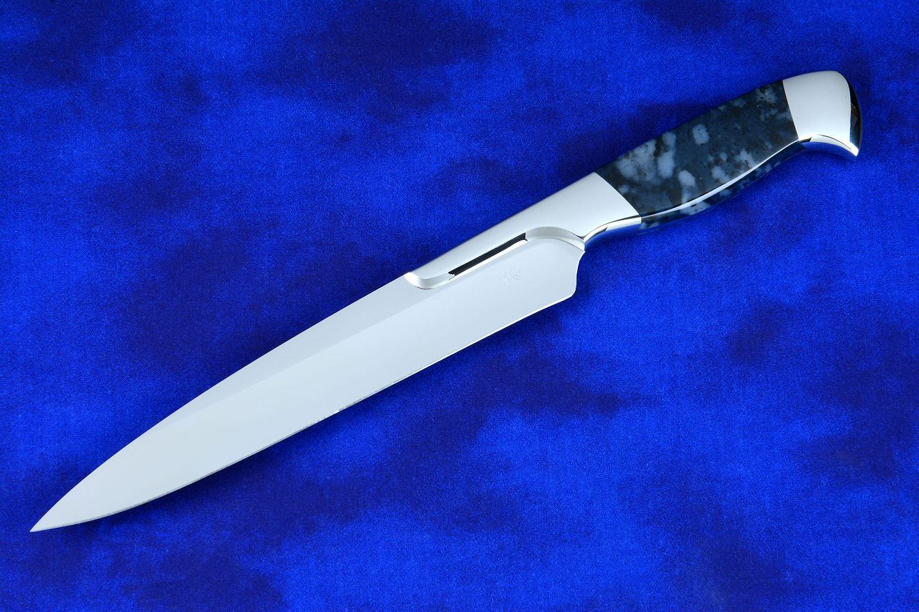 "Bordeaux" professional slicing knife, reverse side view in T3 deep cryogenically treated 440C high chromium stainless steel blade, 304 stainless steel bolsters, Night Leopard Agate gemstone handle