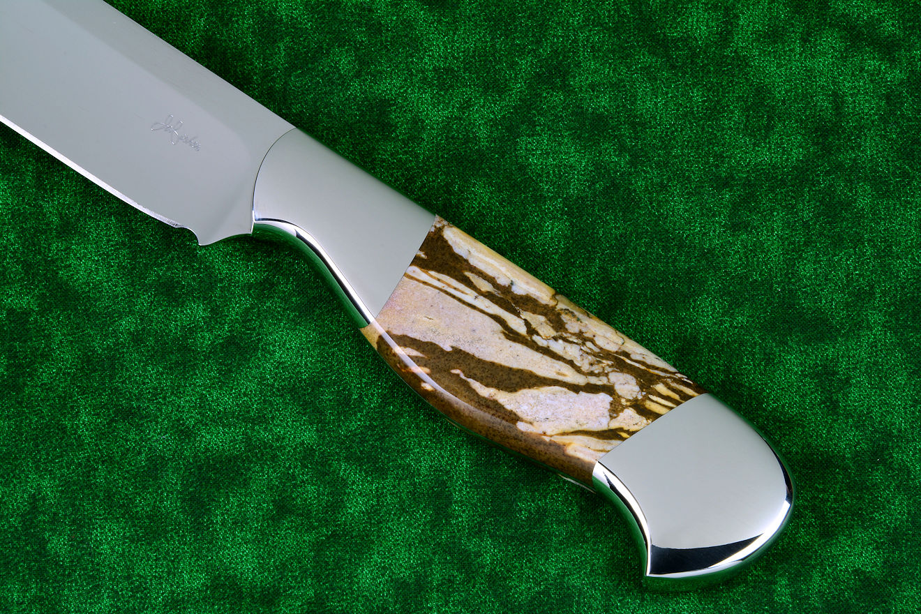 "Rebanador" fine professional grade knife, obverse side handle detail in 440C high chromium stainless steel blade treated with T3 cryogenic heat treatment, 304 stainless steel bolsters, Brown Zebra Jasper gemstone handle