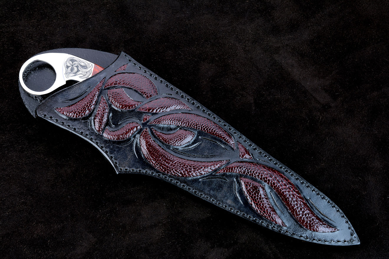 "Bulldog" obverse side view in 440C high chromium stainless steel blade, hand-engraved 304 stainless steel bolsters, Fossilized Stromatolite Algae gemstone handle, hand-carved leather sheath inlaid with burgundy ostrich leg skin