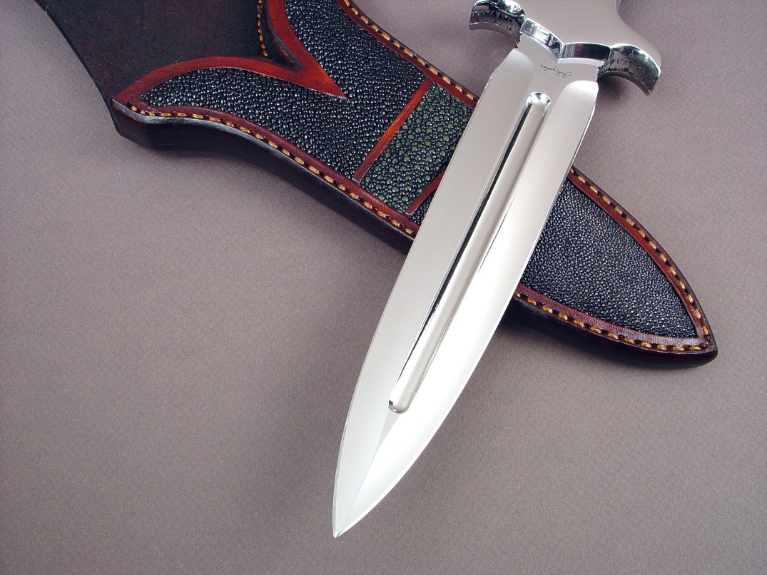 "Charax" dagger in ATS-34 high molybdenum stainless steel blade, 304 stainless steel bolsters, Australian Black Jade, California Jade gemstone handle, stingray skin inlaid in hand-carved leather sheath