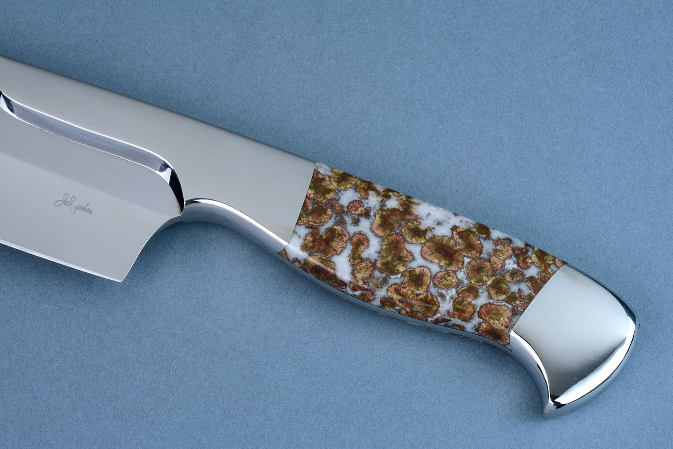 "Concordia" chef's knife in 440C high chromium stainless steel blade, 304 stainless steel bolsters, Poppy Jasper gemstone handle, Amerian Black Walnut stand inlaid with Poppy Jasper gemstone