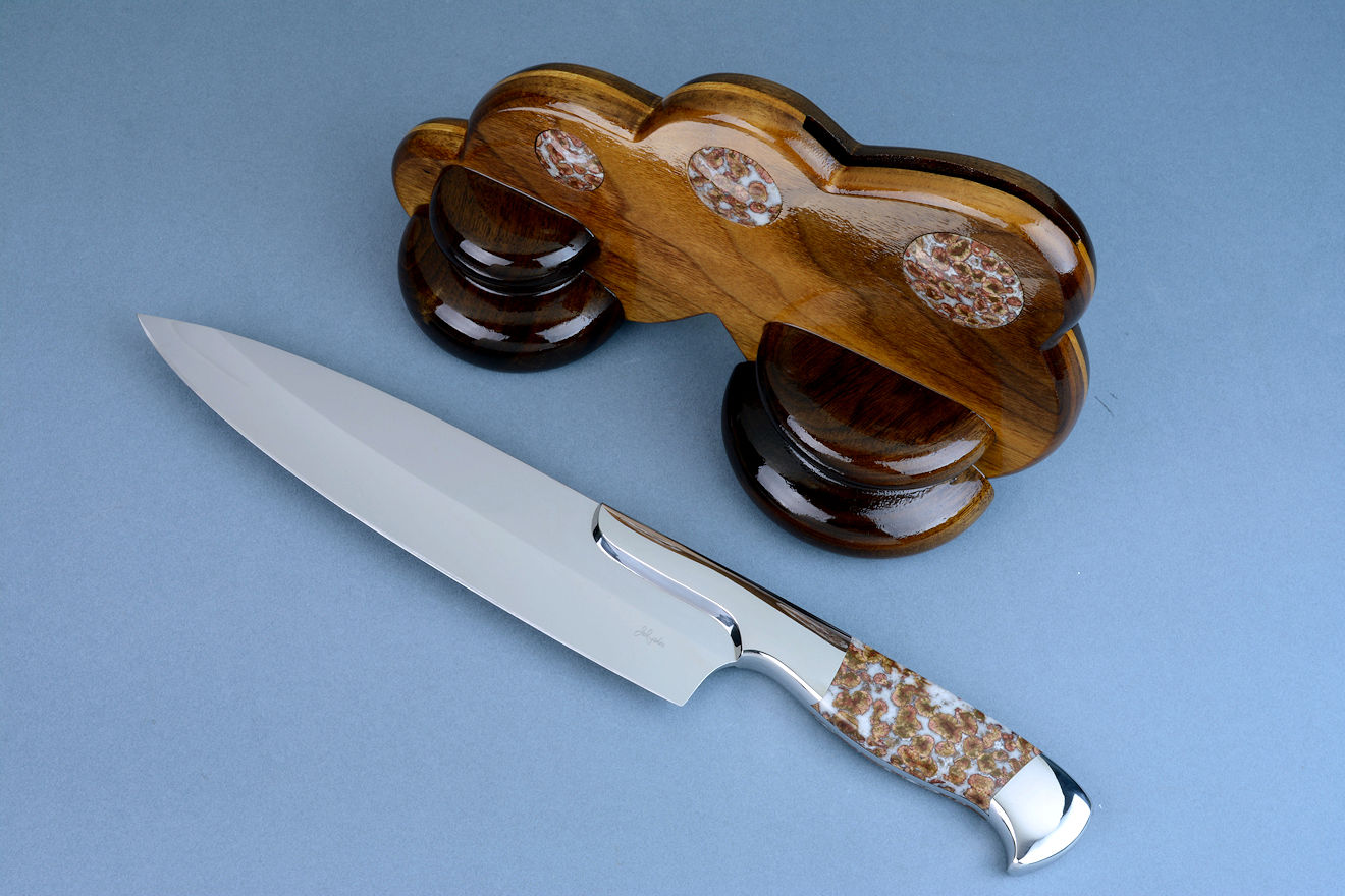 "Concordia" chef's knife in 440C high chromium stainless steel blade, 304 stainless steel bolsters, Poppy Jasper gemstone handle, Amerian Black Walnut stand inlaid with Poppy Jasper gemstone