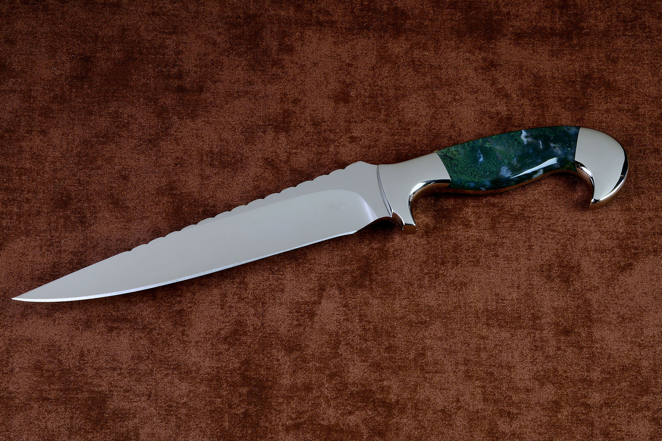 "Conodont" custom knife, obverse side view in 440C high chromium T3 cryogenic treated stainless steel blade, 304 stainless steel bolsters, Indian Green Moss Agate gemstone handle, hand-carved, hand-dyed leather sheath inlaid with rayskin