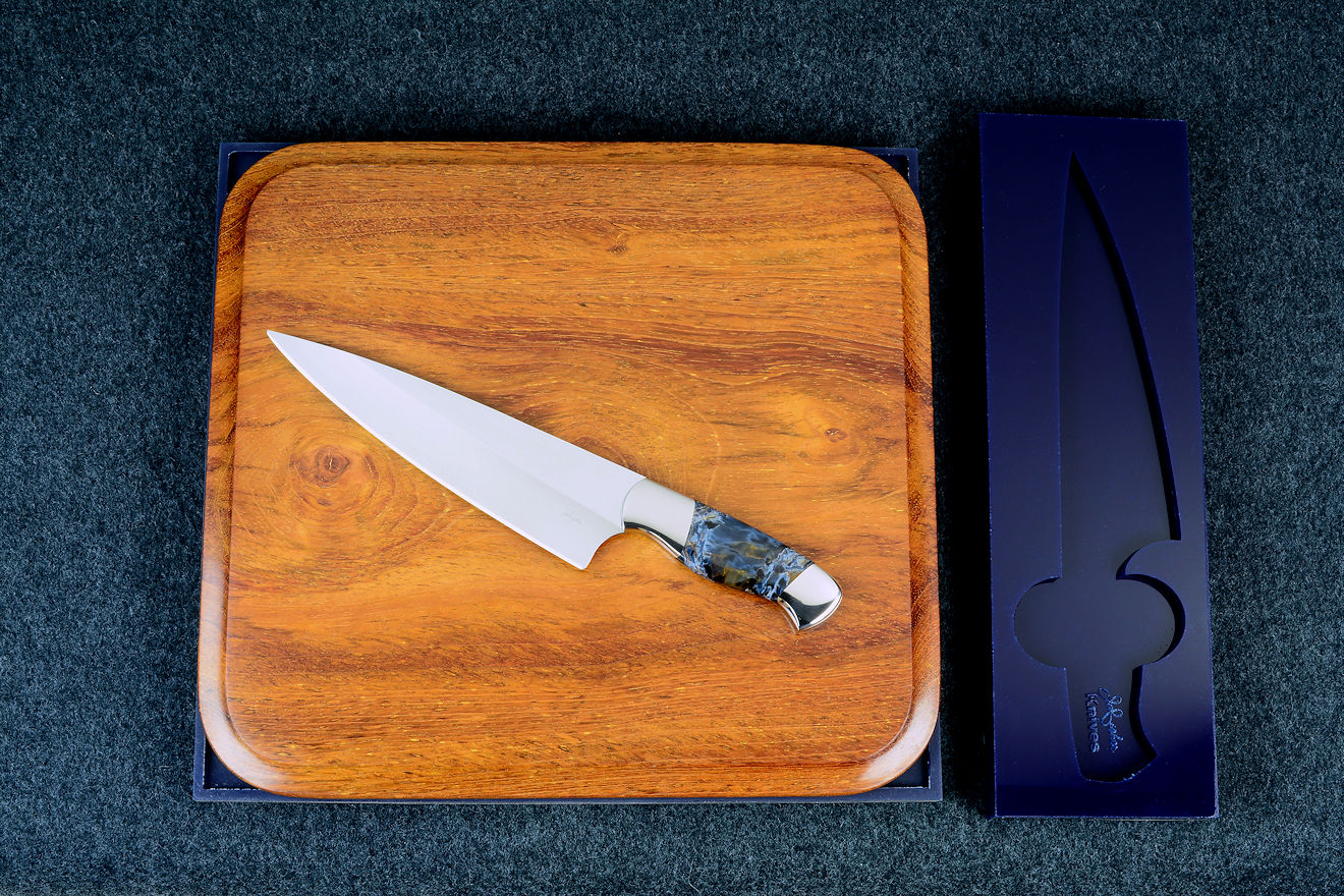 "Corvus" Chef's Knife in T3 cryogenically treated ATS-34 high molybdenum stainless steel blade, 304 stainless steel bolsters, Pietersite (Africa) gemstone handle, Jatoba (Brazilian Cherry) hardwood board, silicone prise and block base