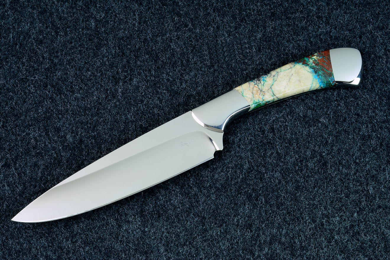 "Cygnus" Custom handmade chef's knife in T3 cryogenically treated 440C high chromium stainless steel blade, 304 stainless steel bolsters, Cuprite mosaic gemstone handle, hand-tooled leather sheath