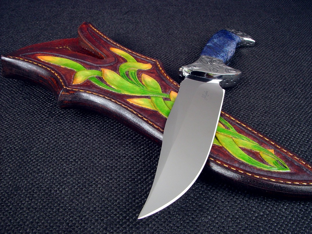 "Domovoi", obverse side view in ATS-34 high molybdenum stainless steel blade, hand-engraved 304 stainless steeel bolsters, African dumortierite gemstone handle, hand-carved, tooled, hand-dyed leather sheath