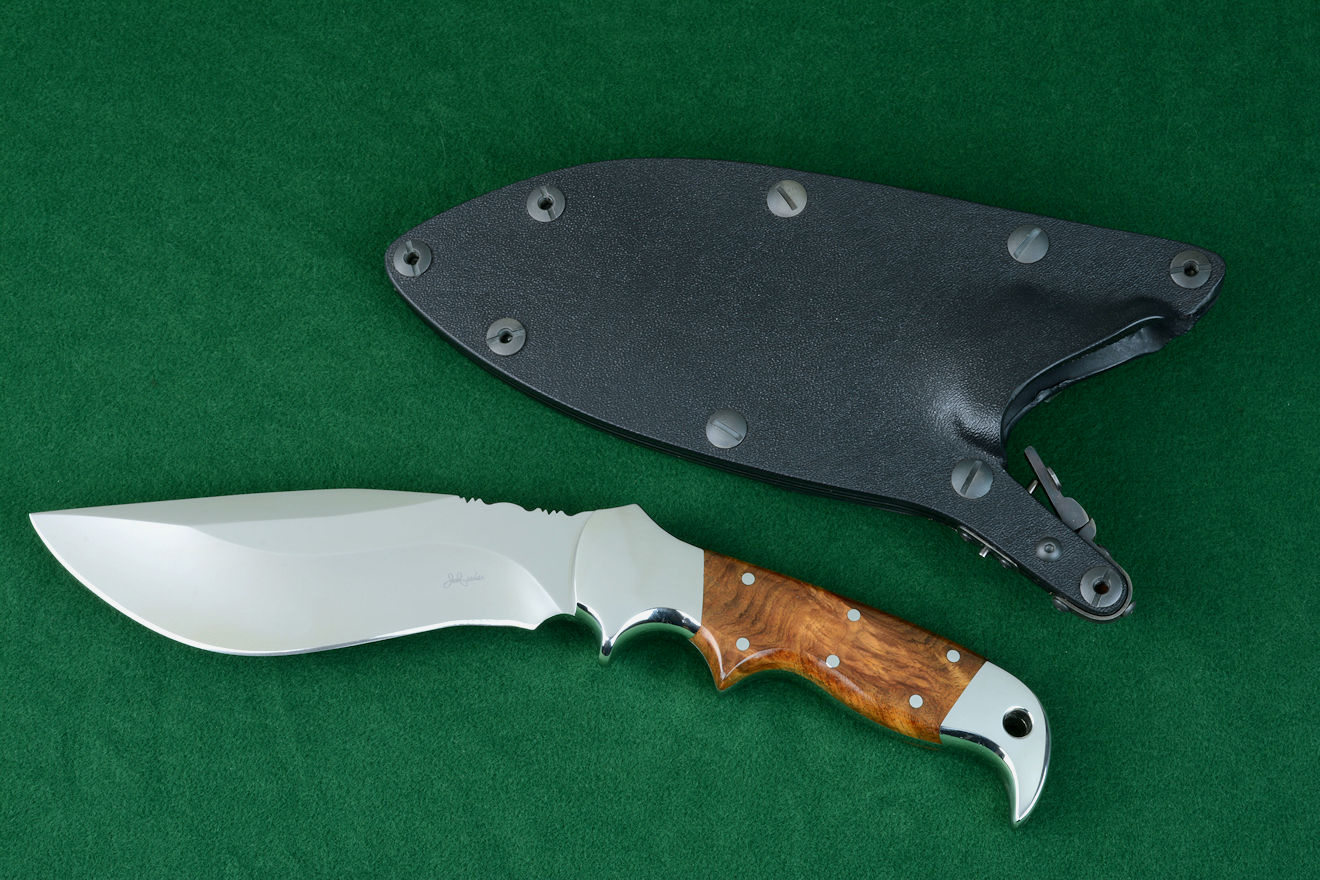 "Hooded Warror" obverse side view in 440C high chromium stainless steel blade, 304 stainless steel bolsters, Amboyna burl hardwood handle, hand-tooled,  hand-dyed leather sheath