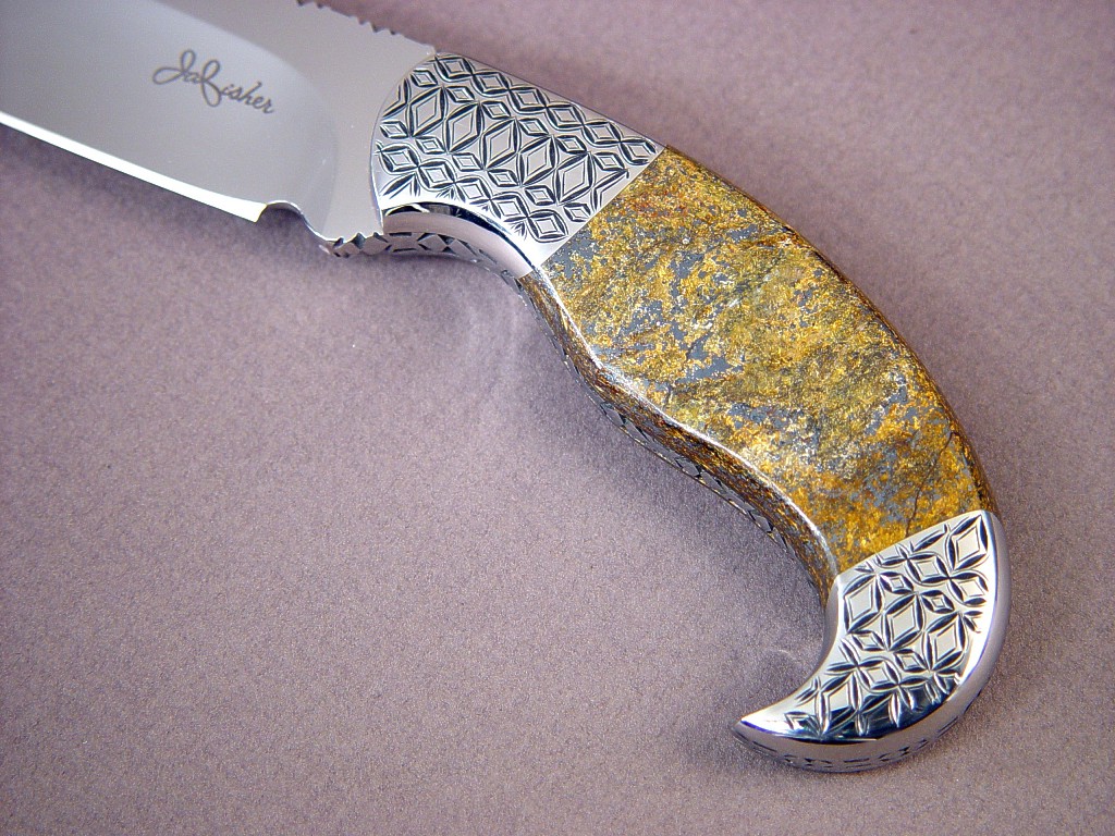 "Iraca" 440C hollow ground mirror finished blade, hand-engraved 304 stainless steel bolsters, Bronzite Hypersthene gemstone handle