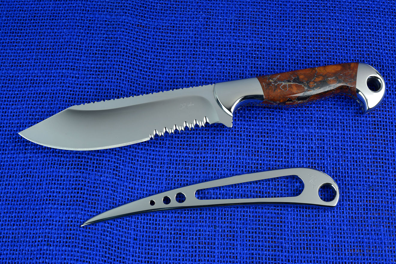 "Mariner" Sailor's Knife with "Seahawk" marlinspike, obverse side view in 440C high chromium martensitic stainless steel blade, T3 cyrogenic treatment, 304 stainless steel bolsters, Stone Canyon Jasper gemstone handle, hand-carved leather sheath inlaid with shark skin