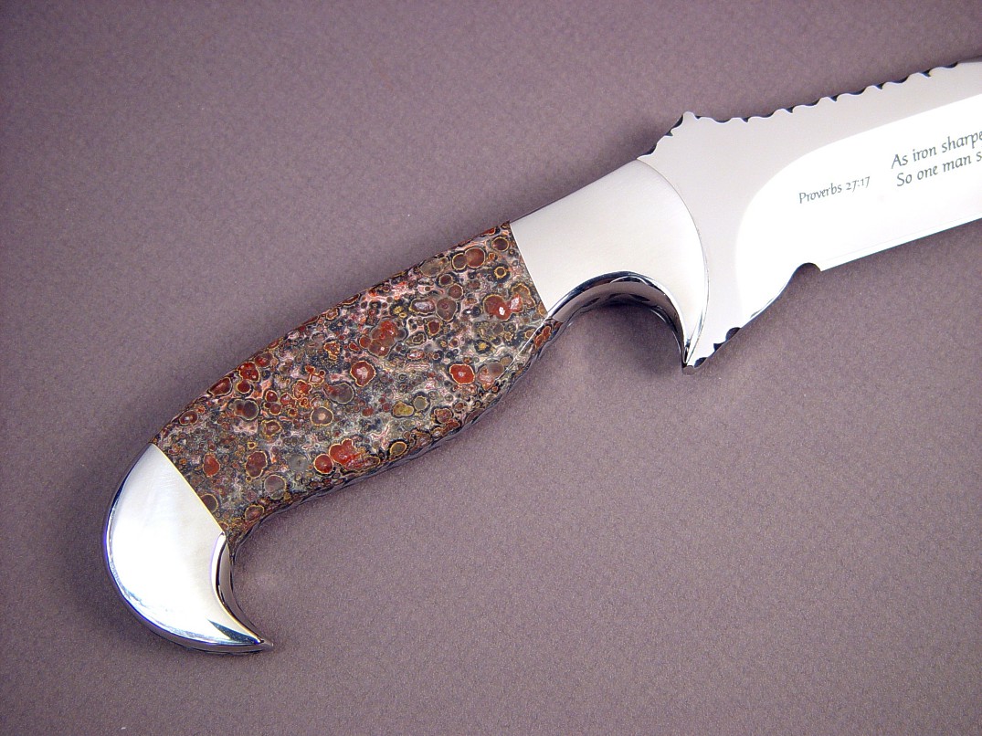 "Mercury Magnum" obverse side view: 440C stainless steel blade, 304 stainless steel bolsters, Red Leopard Skin Jasper gemstone handle, basket weave crossdraw leather sheath