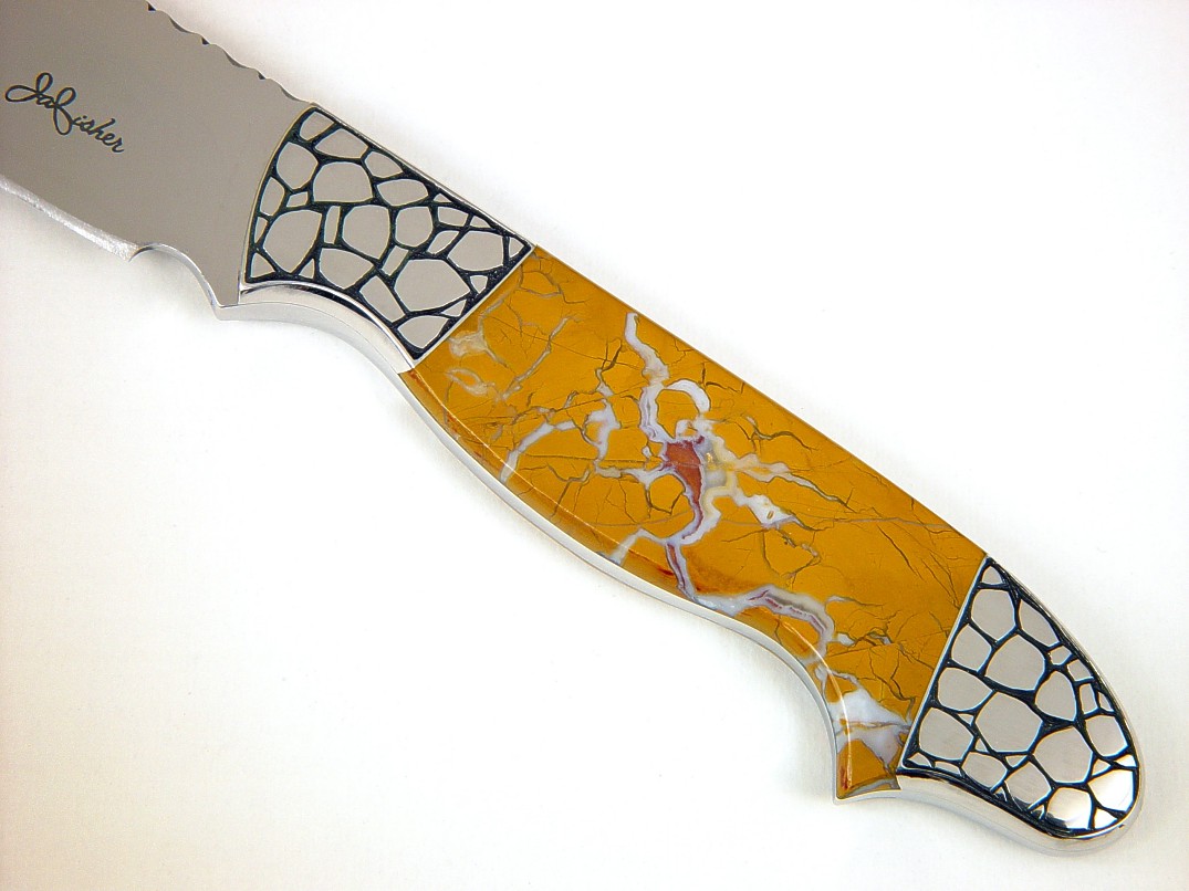 "Regulus" obverse side view in 440C high chromium stainless steel blade, hand-engraved 304 stainless steel bolsters, Sampson Peak Brecciated Jasper gemstone handle, American Alligator inlaid in leather sheath