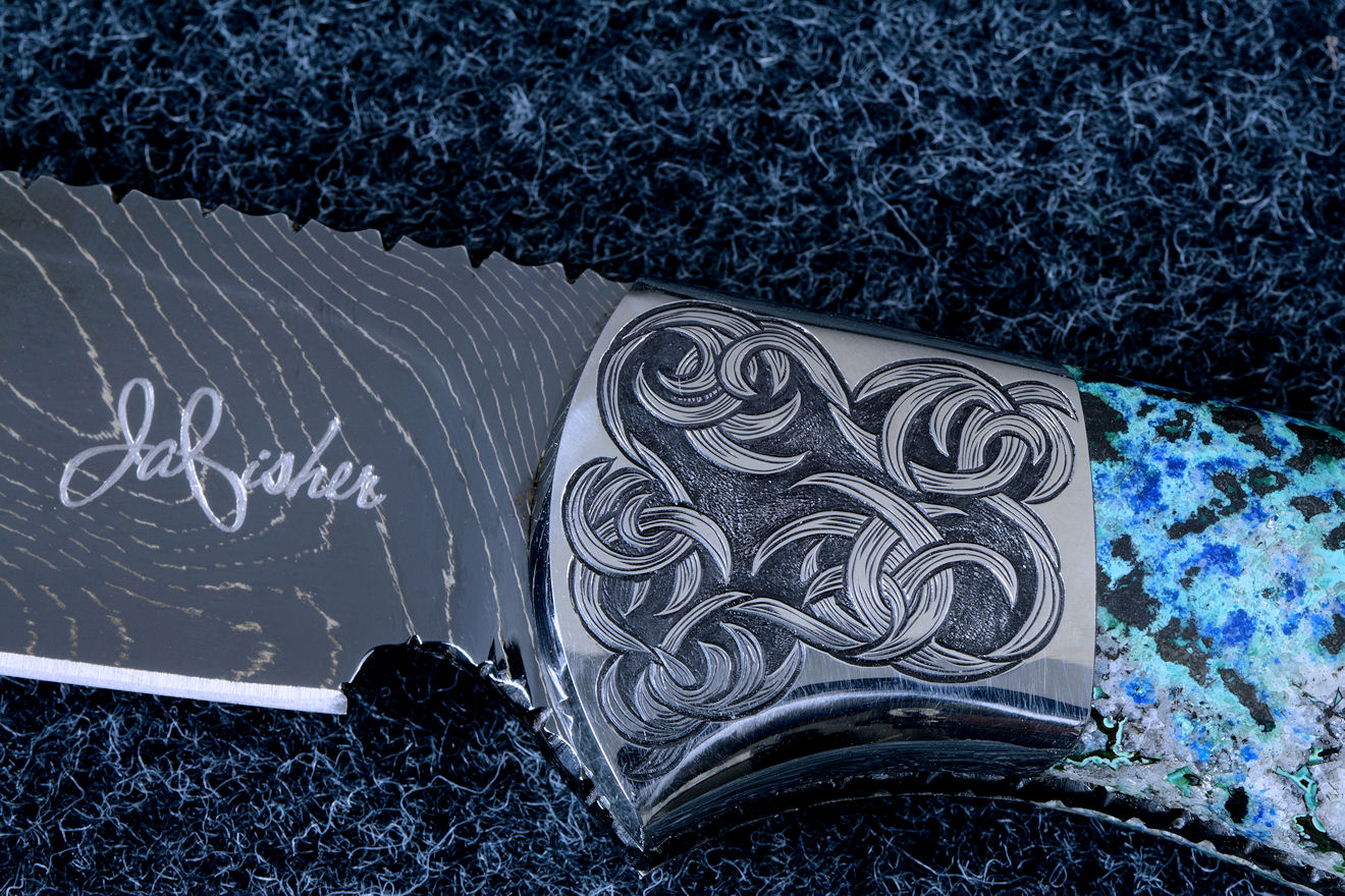 "Thuban" in hot-blued 1095/nickel damascus blade, hand-engraved 304 stainless steel bolsters, Shattuckite gemstone handle, hand-carved, hand-dyed leather sheath