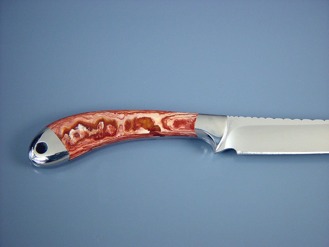 "Volans" fillet, boning knife: 440C high chromium stainless steel blade, 304 stainless steel bolsters, Antelope Jasper gemstone handle, emu skin inlaid in hand-carved leather sheath