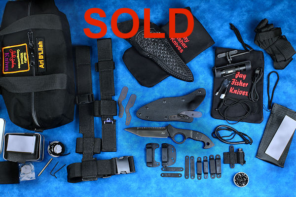 "Ari B'Lilah" Full counterterrorism tactical knife and kit, accessories, UBLX, EXBLX, HULA, LIMA, mounting, hardware, fasteners, storage flashlights, lanyards, double drawstring bags, 1000 denier lined duffle