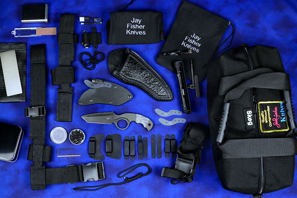 "Skeg" tactical knife kit, complete, with UBLX, EXBLX, HULA, LIMA, diamond sharpener, leather sheath, sternum harness, lanyards, staps, clamps, hardware, and heavy ballistic nylon duffle