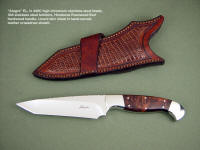 "Alegre" EL, obverse side view: 440C high chromium stainless steel blade, 304 stainless steel bolsters, Honduras Rosewood Burl hardwood handle, lizard skin inlaid in crossdraw leather sheath