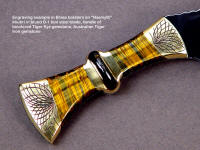 "Nasmyth" fine khukri, obverse side view: 440C high chromium stainless steel blade, hand-engraved brass bolsters, bicolored tiger eye quartz, Australian tiger iron gemstone handle, hand-stamped leather sheath