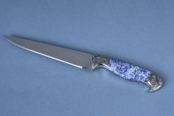 "Antheia" "Eridanus" boning, trim knife in hollow ground 440C high chromium stainless steel blade, hand-engraved 304 stainless steel bolsters, Blue Willow Sodalite gemstone handle