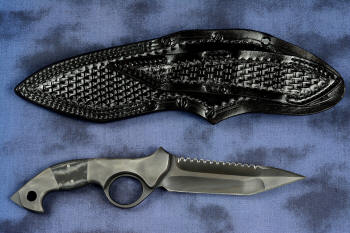 "Ari B'Lilah" Counterterrorism Tactical Knife, reverse side view with leather sheath back in T3 cryogenically treated CPM 154CM powder metal technology high molybdenum martensitic stainless steel blade, 304 stainless steel bolsters, Black/Gray G10 fiberglass/epoxy composite handle, hybrid tension tab-locking sheath in kydex, anodized aluminum, stainless steel, titanium