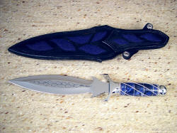 "Amethystine" reverse side view. Note multiple inlays of blue stingray skin on sheath back and belt loop