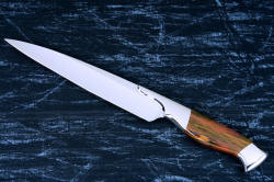 "Bordeaux" fine handmade chef's knife obverse side view in 440C high chromium stainless steel blade, 304 stainless steel bolsters, Caprock petrified wood gemstone handle