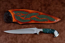 "Conodont" custom knife, obverse side view in 440C high chromium T3 cryogenic treated stainless steel blade, 304 stainless steel bolsters, Indian Green Moss Agate gemstone handle, hand-carved, hand-dyed leather sheath inlaid with rayskin