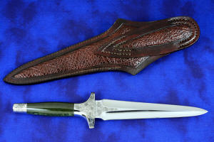 "Daqar" Custom handmade dagger, reverse side view,  in T4 deep cryogenically treated CPM 154CM Powder metal technology martensitic stainless steel blade, hand-engraved, 304 austenitic stainless steel fittings, hand-engraved, nephrite jade gemstone handle, hand-carved leather sheath inlaid with American Bison skin