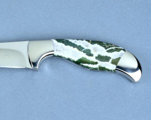 "Falcate" Chef's Knife, reverse side gemstone handle view  in 440C high chromium martensitic stainless steel blade, 304 stainless steel bolsters, Green Zebra Bloodstone gemstone handle