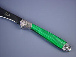 "Kineau" Malachite gemstone handle detail, obverse side