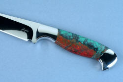 "Llano Sunrise" Chef's Set, Eridanus boning, fillet, slicing knife, maker's mark detail, in T3 cryogenically treated 440C high chromium martensitic stainless steel blades, 304 stainless steel bolsters, Cuprite Mosaic gemstone handles