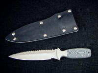 "Lynx" combat, tactcal, CSAR knife, obverse side view: 440C high chromium stainless steel blade, 304 stainless steel bolsters, Micarta phenolic handle, kydex, aluminum, nickel plated steel sheath