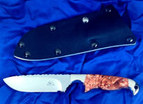 "Magdalena-Prairie Falcon" hybrid design knife in 440C high chromium stainless steel blade, 304 stainless steel bolsters, stabilized box elder burl hardwood handle, kydex, aluminum, blued steel sheath