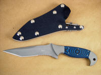 "Mercury Magnum" obverse side view: 440c high chromium stainless steel blade, 304 stainless steel bolsters, blue/black G10 fiberglass epoxy laminate handle, locking kydex, aluminum, stainless steel combat tactical knife sheath