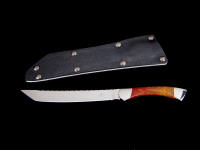 "Nightwind" tanto tactical knife, obverse side view in 440C high chromium stainless steel blade, 304 stainless steel bolsters, New Mexico Jasper gemstone handle, kydex, aluminum, blued steel sheath