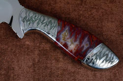 "Nishi" obverse side handle detail. Deep relief filework in 304 high nickel, high chromium stainless steel bolsters