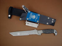 "PJ" fine handmade custom CSAR knife, obverse side view in 440C high chromium stainless steel blade, 304 stainless steel bolsters, canvas micarta phenolic handle, locking kydex, aluminum, stainless steel sheath with ultimate belt loop extender and accessories