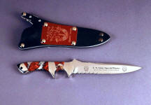 "Patriot" Special Forces Army commemorative in etched 440C high chromium stainless steel blade, 304 stainless steel bolsters, Cherry Blossom Jasper gemstone handle, locking kydex, aluminum, stainless steel sheath with engraved red lacquered brass flashplate