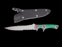 "Patriot" obverse side view in 440C high chromium stainless steel blade, hand-engraved 304 stainless steel bolsters, Chrysocolla gemstone handle, locking kydex, aluminum, blued steel, stainless steel sheath