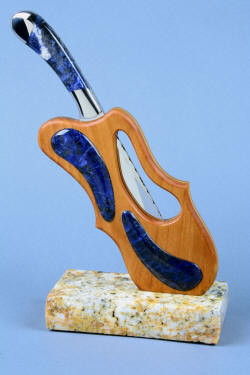 "Sanchez" fine custom handmade chef's knife, right side view of cherry, poplar, sodalite, and granite chef's knife stand