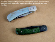 "Gemini" linerlock folding knives: top: 440C high chromium stainless steel blade, 304 stainless steel bolsters, 6AL4V titanium liners, Agate gemstone handle. All engraving by maker. Bottom: blued O-1 high carbon tungsten-vanadium tool steel blade, blued carbon steel bolsters, 6AL4V titanium liners, Nephrite Jade gemstone handle. All engraving by maker