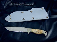 "Last Chance EL" obverse side view in 440C high chromium stainless steel blade, nickel silver bolsters, stabilized box elder burl handle, kydex, aluminum, blued steel sheath