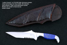 "Lethal Chance" obverse side view in CTS-XHP high chromium martensitic powder metal technology tool steel blade, 304 stainless steel bolsters, Lapis Lazuli gemstone handle sheath of Buffalo skin inlaid in hand-carved leather