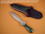 "Little Venus" Dagger: 440C high chromium stainless steel blade, hand-engraved 304 stainless steel bolsters, Alaskan Nephrite Jade gemstone handle, frog skin inlaid in hand-carved leather sheath