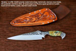 "Malaka" fine custom handmade knife in hand-engraved CPM 154CM powder metal technology stainless steel, T4 deep cryogenically treated, bolsters of hand-engraved 304 stainless steel, Plasma agate and Nephrite Jade gemstone handle, hand-carved leather crossdraw sheath with stainless steel hardware