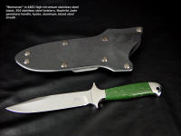 "Markarian" tactical combat knife, obverse side view in 440C high chromium stainless steel blade, 304 stainless steel bolsters, nephrite jade gemstone handle, tension kydex, aluminum, steel sheath