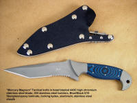 "Mercury Magnum" obverse side view: 440c high chromium stainless steel blade, 304 stainless steel bolsters, blue/black G10 fiberglass epoxy laminate handle, locking kydex, aluminum, stainless steel combat tactical knife sheath