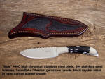 "Mule" 440C high chromium stainless steel blade, 304 stainless steel bolsters, Snowflake Obsidian gemstone handle, black rayskin inlaid in hand-carved leather sheath