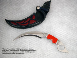 "Raptor" kerambit in 440C high chromium stainless steel blade, hand-engraved 304 stainless steel bolsters, Red River Jasper gemstone handle, Red Stingray skin inlaid in hand-carved leather sheath