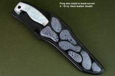 "Arctica" obverse side view in CPM154CM powder metal technology tool steel, 304 stainless steel bolsters, Cloud Jasper gemstone handle, locking kydex, aluminum, and stainless steel sheath